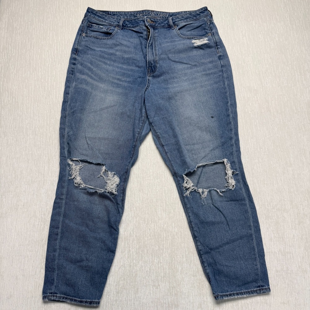 American Eagle Mom Jeans Womens 18 Blue Comfort Stretch Distressed High Rise
